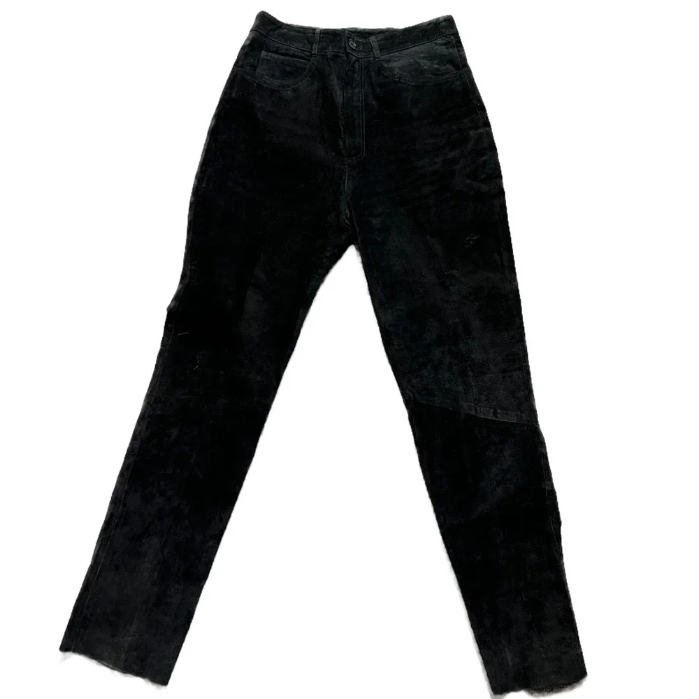 Vintage Shirley France 100% Leather Black Suede Pants Women Size 12 Straight Leg